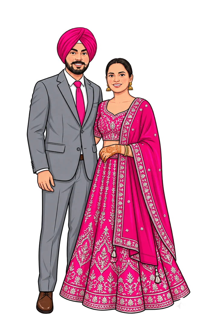 Illustrated portrait of Harmanpreet in a pink turban and grey suit beside Manpreet in a pink embroidered lehenga